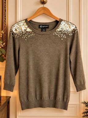 INC International Concepts Petite L Gold Sequin Shoulder Taupe Sweater